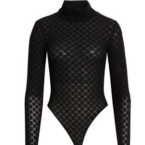 OPEN Edit BNWT Womens Black Lace Sheer Mockneck Bodysuit Sz Xsmall Long Sleeve